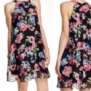 Betsey Johnson Womens Dress 8 Black Pink Blue Green Floral Halter Mini Babydoll